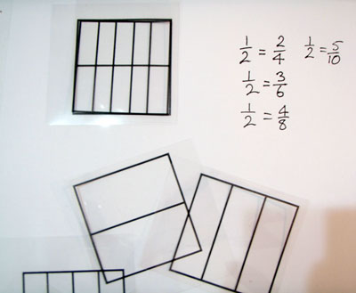 Selection of grid transparencies with one pair overlaid and equivalent fractions recorded.