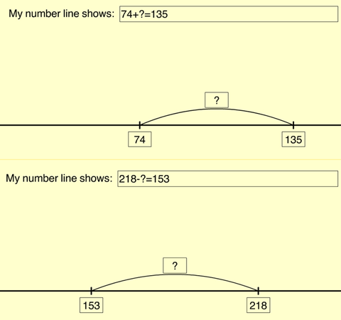 First number line showing jump from 74 to 135. Second number line showing jump from 218 to 153.