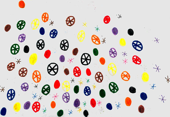 A child’s drawing of an apparently random assortment of multicoloured circles, stars, and stars within circles.