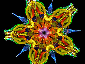 An image commonly seen in a kaleidoscope, with multicoloured shapes making symmetrical patterns.