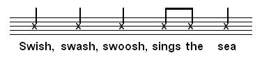Notes on a music stave, indicating a rhythmic pattern matched to the words 'Swish, swash, swoosh, sings the sea'.