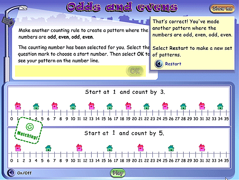 Two number lines with all numbers marked. On the first, there are highlights at 1 and then every third number. On the second, there are highlights at 1 and then every fifth number.