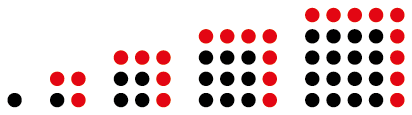 Four arrays of dots as in the previous diagram. The extra dots that were added to each square to get the next square are highlighted.