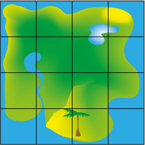 A map of a treasure island divided up into a 4 by 4 grid.