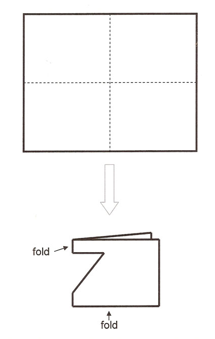 Lines on a rectangle showing that it is to be folded in half and half again, to make a smaller rectangle. Then a triangular notch is cut out of one of the folded edges.