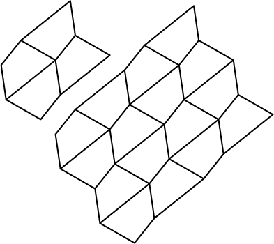 A shape made up of an irregular quadrilateral in four different orientations around a point, next to a tessellation using the same shape.