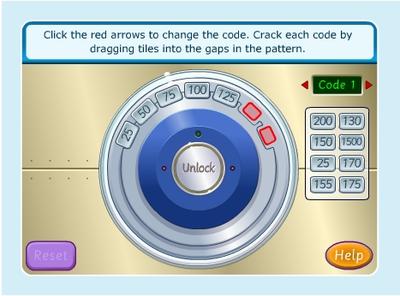 Screen grab of a BBC Number Patterns activity. The student needs to continue the sequence 25, 50, 75, 100, 125 on a keypad in order to unlock a safe.