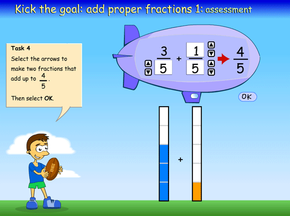 Addition of a pair of fractions, also shown with fraction bars, to equal a set target of 4/5.