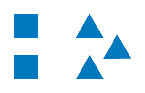 Two squares of equal size grouped together on the left. Three triangles of equal size grouped together on the right.