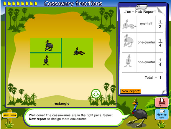 Pictures of cassowaries in a key representing varying fractions, in order to match the area of a holding pen.