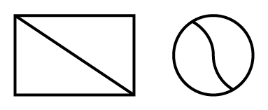 A rectangle with a diagonal drawn. To its right, a circle halved with a curving line from top to bottom.