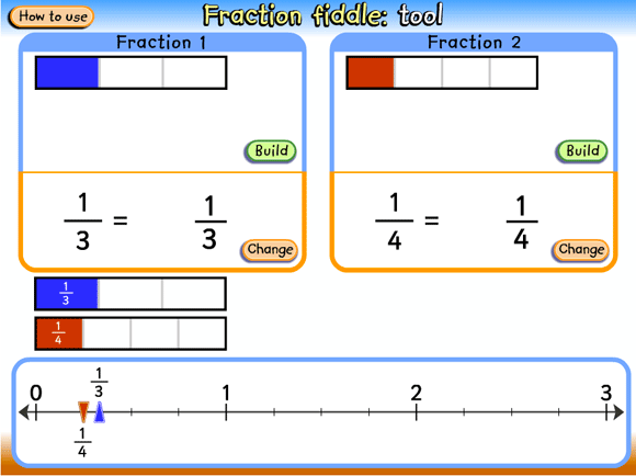 Fraction bars with corresponding fractions and a comparative fraction slider.