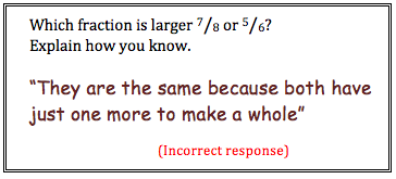 Question asking ‘Which fraction is larger 7/8 or 5/6? Explain’. Student answer incorrect, ‘They are the same because both have just one more to make a whole’.