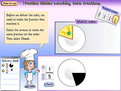 A slice of cake represented as one fifth matched to the correct fraction.