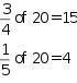 three quarters of 20 equals 15 or one fifth of 20 equals 4