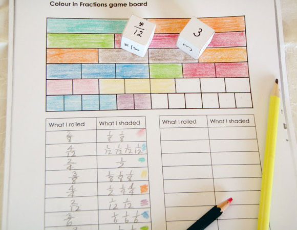 Game board showing one completely coloured fraction wall and one partially coloured fraction wall, and a completed record of the rolls and the colourings made.