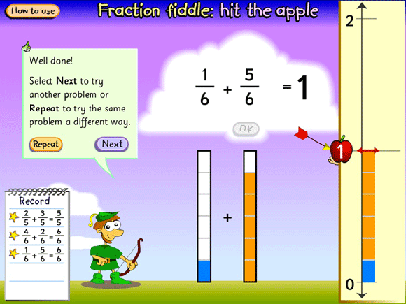The addition of 1/6 and 5/6 to reach the target of 1, shown with fraction bars and a number line.