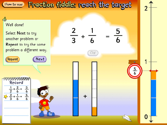 The addition of 2/3 and 1/6 to reach the target of 5/6, shown with fraction bars and a number line.