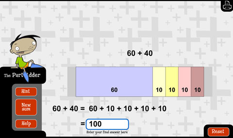 Problem of 60 plus 40, broken into 60 plus four lots of 10, with a diagrammatic representation.