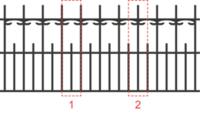 A drawing of a fence showing two groupings of uprights railings, each of which is a repeating pattern.