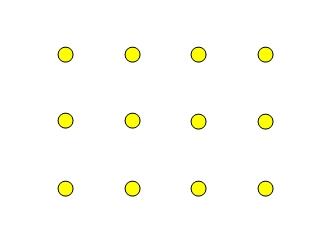 Twelve yellow dots arranged in a three by four pattern.