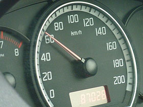 A car’s speedometer marked from 0 to 200 kilometres per hour.
