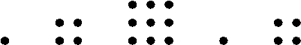 Five collections of dots: a single dot, a 2 by 2 square array, a 3 by 3 square array, a single dot, a 2 by 2 square array.