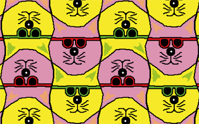 A tessellation of pink and yellow cat heads (student work).