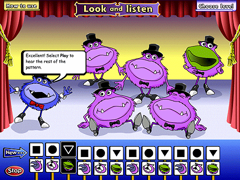 A choir of purple monsters is ready to sing the repeating pattern shown at the bottom of the screen.