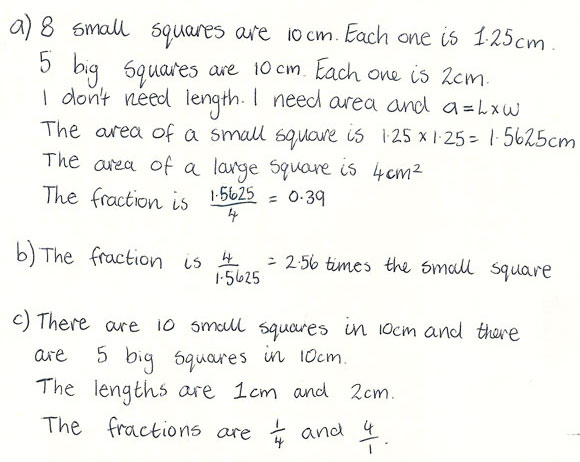 Row of eight small squares matched to row of five large squares. Student response to questions comparing the areas, explaining reasoning.
