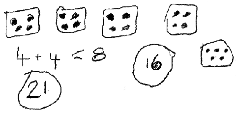 Student drawing of the 5 dice faces, explanation that double 8 is 16 then counting on 5 more gives 21.