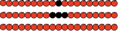 Three long rows of red apples. The first row has one black apple in the centre, the second row three black apples in the centre.