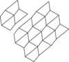 A shape made up of an irregular quadrilateral in four different orientations around a point, next to a tessellation using the same shape.